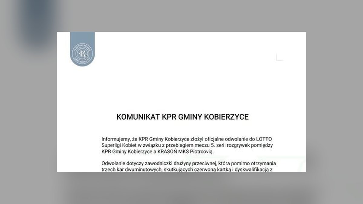 Kobierzyce złożyły odwołanie po meczu z Piotrcovią. Rywalka miała grać mimo czerwonej kartki