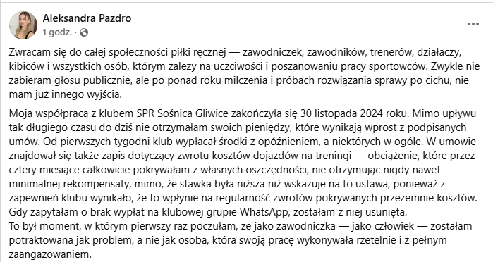 Kolejna ofiara zaległości finansowych w polskiej piłce ręcznej: Aleksandra Pazdro ujawnia swoją walkę o pieniądze z SPR Sośnica Gliwice